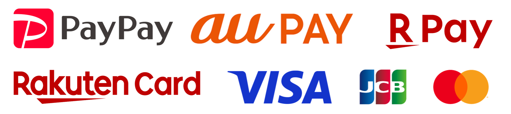 PayPay、auPAY、RPay(楽天ペイ)、楽天カード、VISA、JCB、マスターカードのアイコン画像